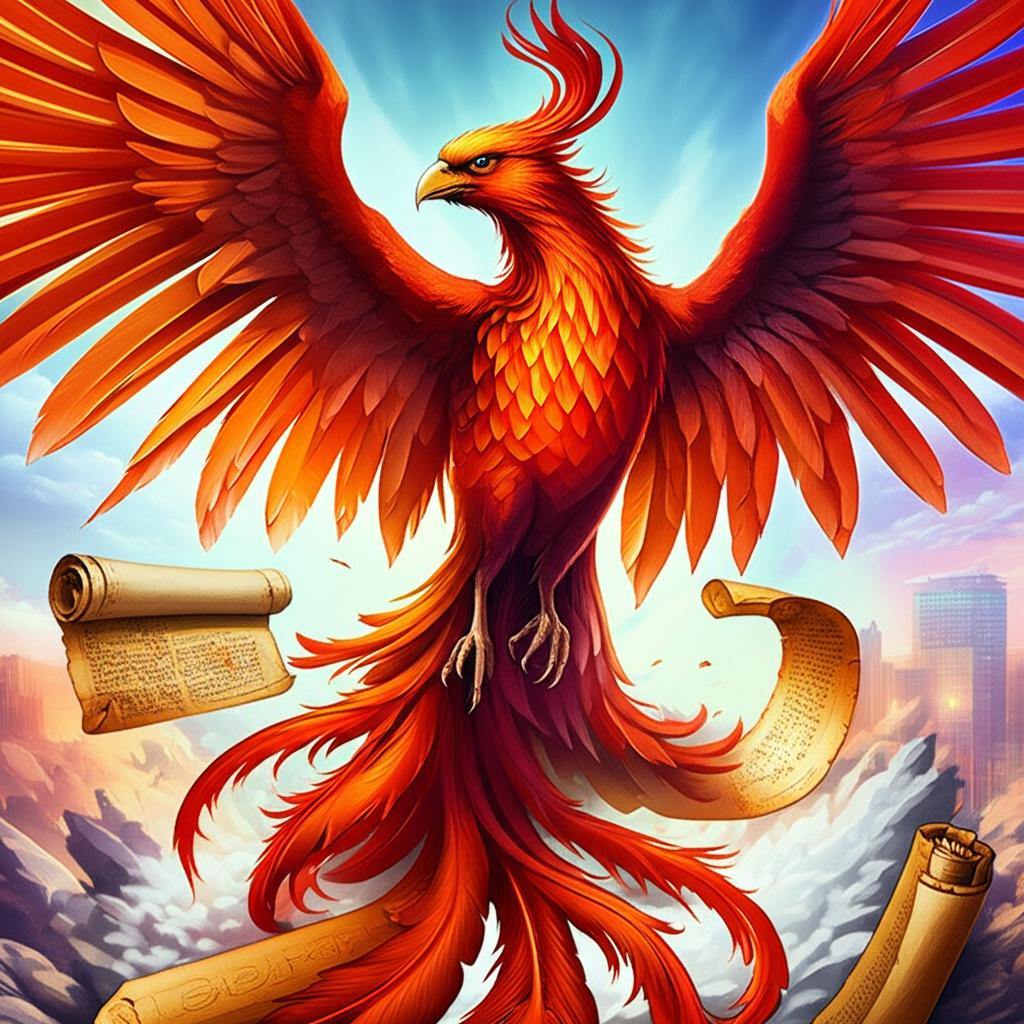 Majestic phoenix rising from ashes with ancient scrolls and modern cityscapes, symbolizing diverse meanings
