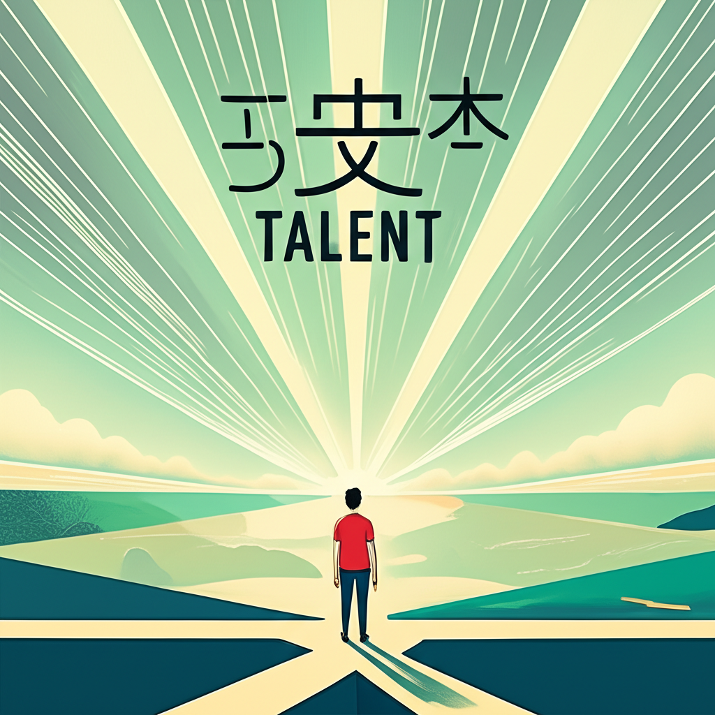 一個人站在象徵才華發展與社會影響的交叉路口,光線照亮中文『天賦』二字,融合傳統與現代元素的插畫風格