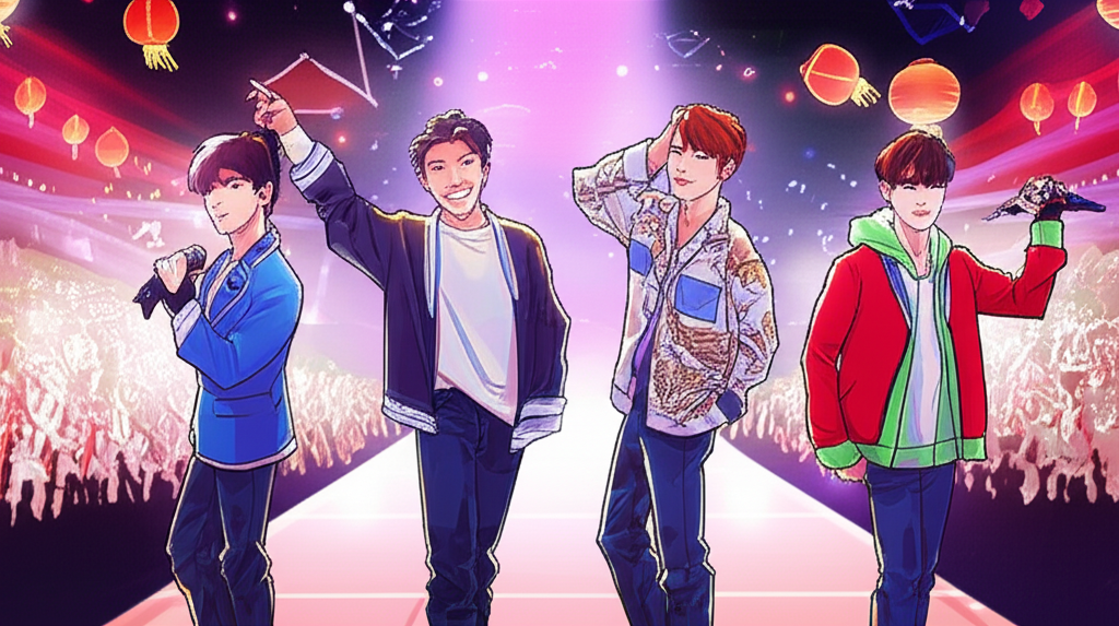 插畫描繪K-pop團體WINNER四位成員在舞台上表演,背景融入台灣元素,展現他們與當地粉絲的連結