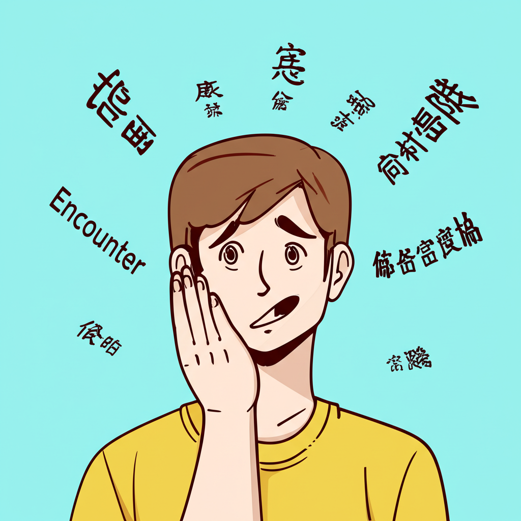 一個人困惑地看著多面向的Encounter詞彙,周圍浮現各種中文翻譯,如相遇挑戰和醫學術語的插圖