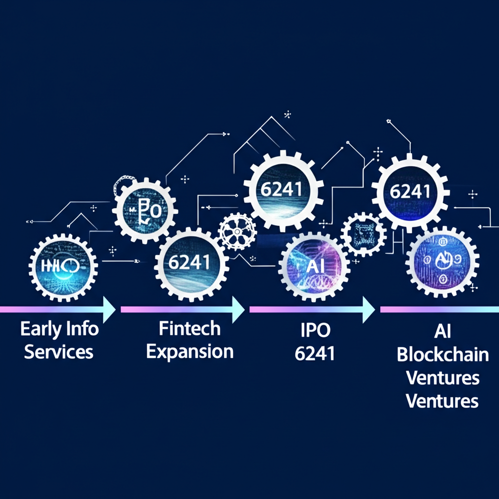 一通集團成長時間線插圖,顯示早期資訊服務、金融科技擴張、IPO 6241 及 AI 區塊鏈項目,以齒輪、進展箭頭和數位轉型意象呈現