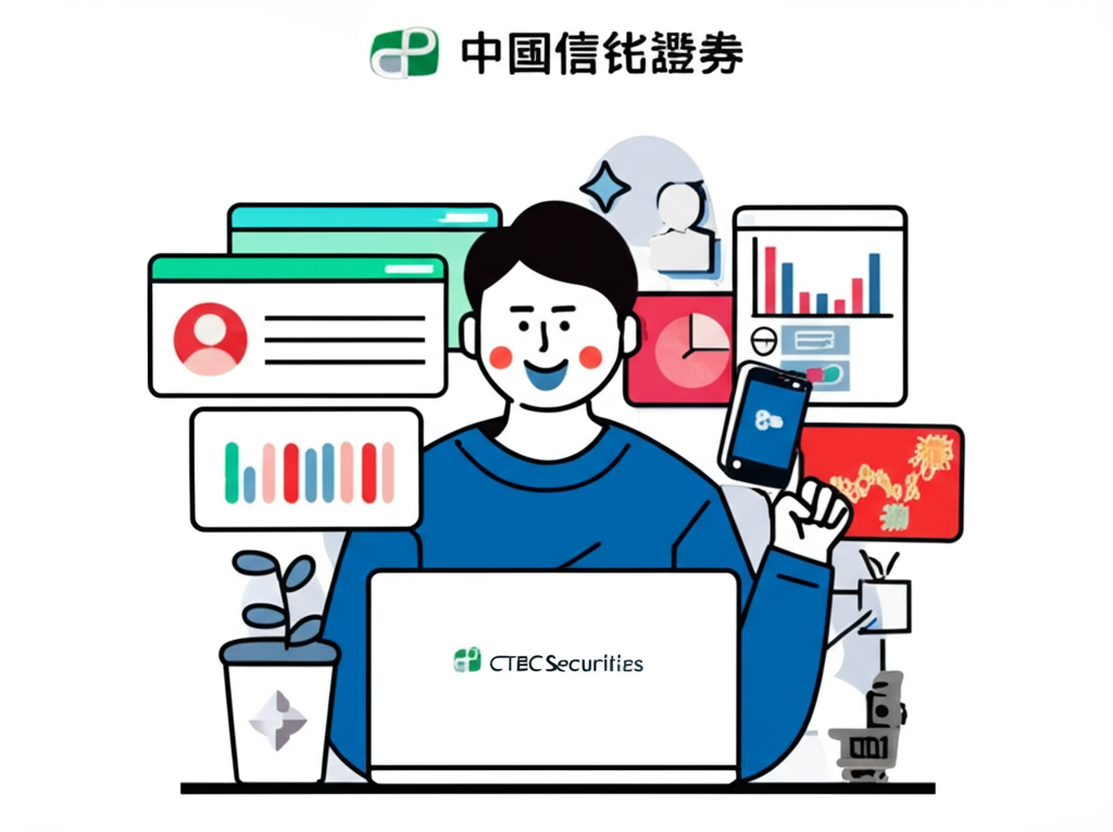 投資者使用筆電和手機進行線上投資，周圍環繞金融圖表與中國信託證券標誌，象徵可靠的數位服務
