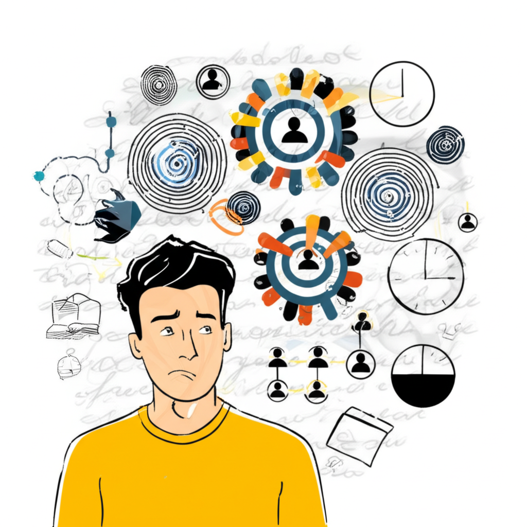 語言學習情境中,一個人困惑地看著代表社交圈、時間循環與商務溝通的各種抽象與具體圓形示意圖