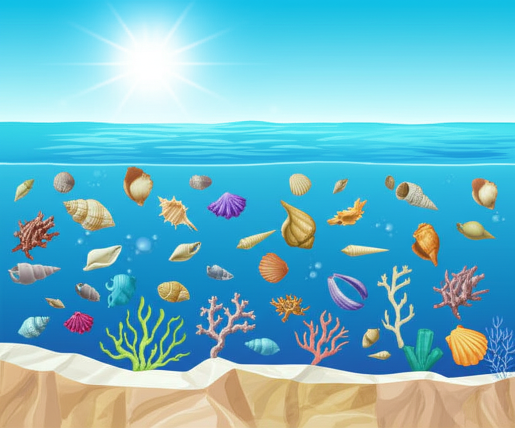 石灰岩形成過程示意圖:古代海洋生物的貝殼與珊瑚碎片在淺海沉積,逐漸形成廣泛分佈的沉積岩,呈現其定義與全球分佈特徵