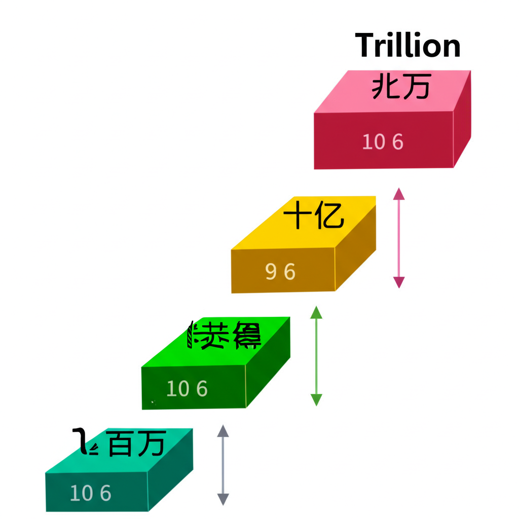 百萬、十億、兆三個單位並列,標示其英文名稱、中文翻譯與 10 的 6、9、12 次方,以階梯式箭頭呈現千倍增長關係