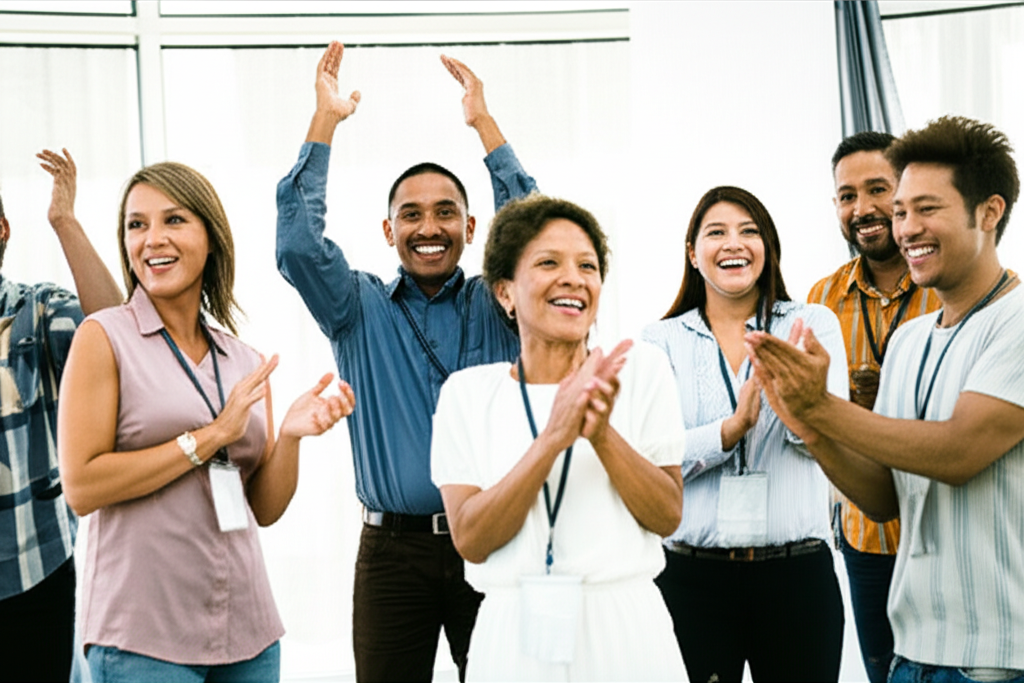 illustration a group of people cheering and clapping with excitement after a successful presentation or event showing joy and satisfaction in a brightly lit setting