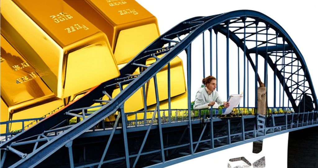 金條和金屬橋樑代表貴金屬與堅固材料,一位學習者正在研究