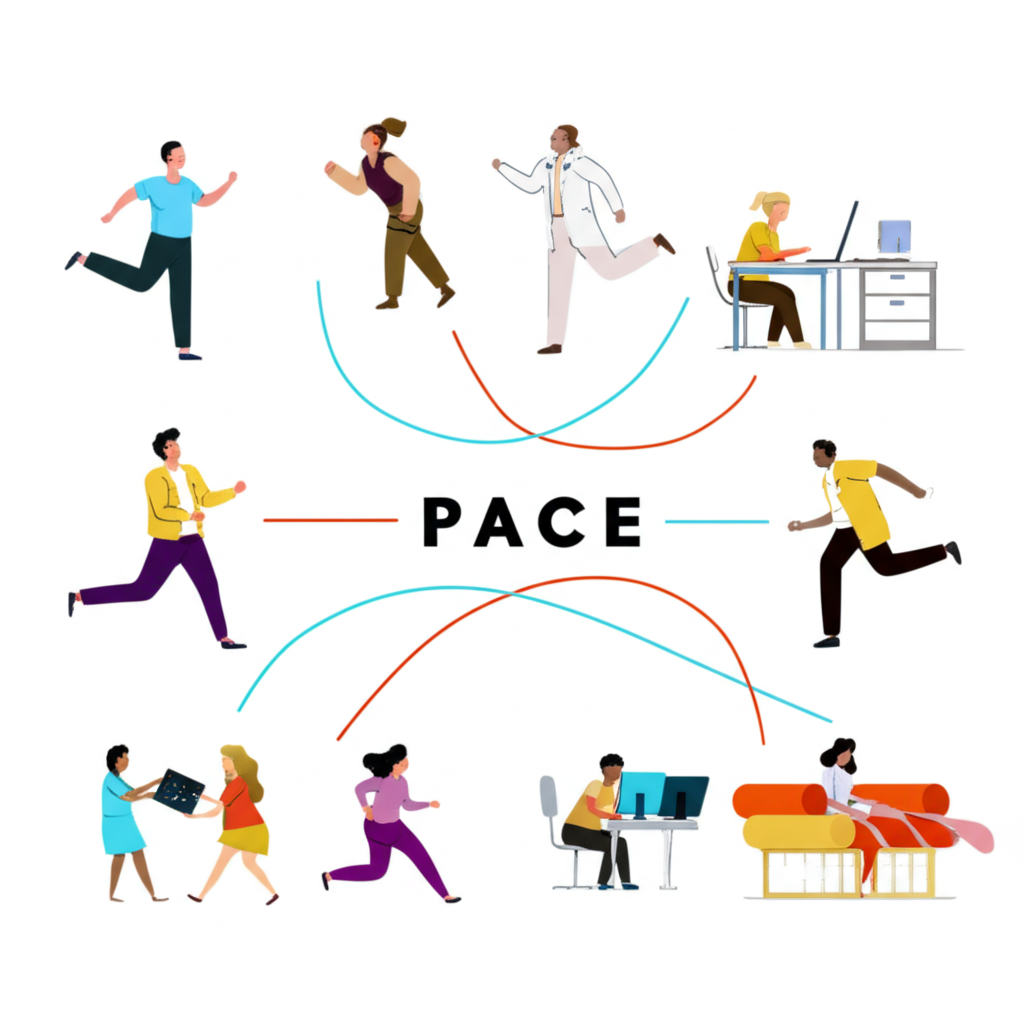 不同人物在跑步、工作與醫療場景中,展現「pace」在日常生活與專業領域的多元應用插畫