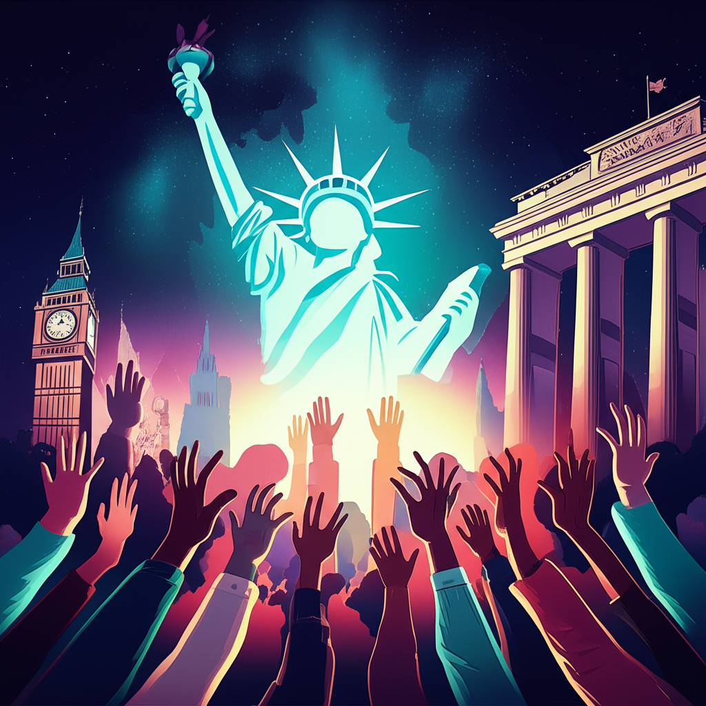 Illustration of diverse people from different walks of life reaching towards an abstract glowing symbol of freedom against a backdrop of global landmarks