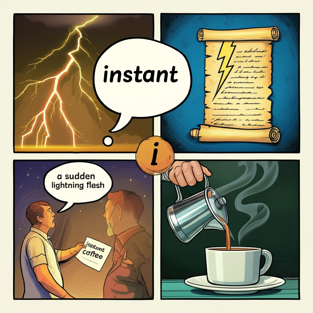 描繪 instant 作為形容詞的各種場景:立即決定、突然閃電、準備即溶咖啡,以及古老捲軸代表古用法