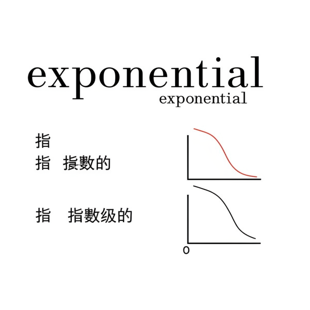詞典頁面插圖:展示「指數級」一詞及其常見中文翻譯如指數的與指數級的,伴隨快速上升與下降曲線的視覺提示,象徵成長與衰減