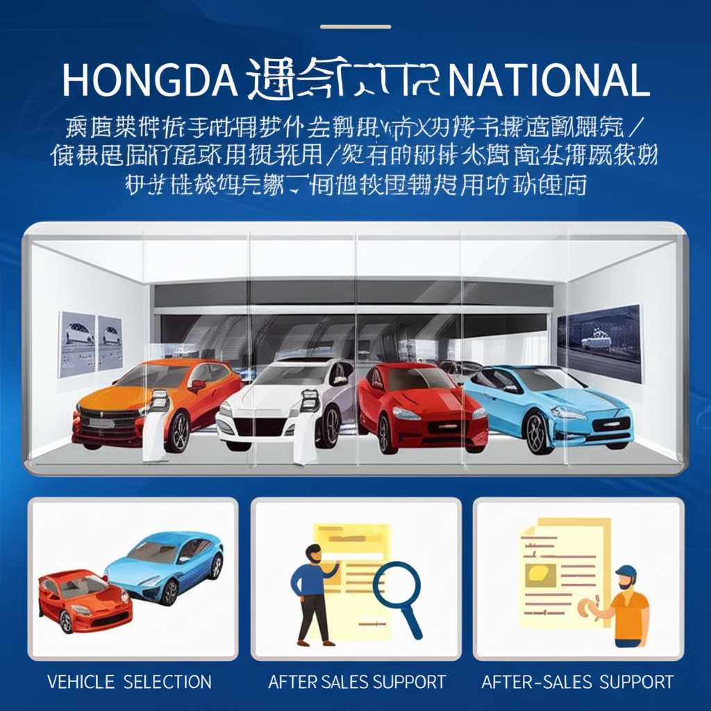 An illustration of Hongda International car services including vehicle selection purchase and after-sales support for luxury imported cars and cost-effective practical vehicles
