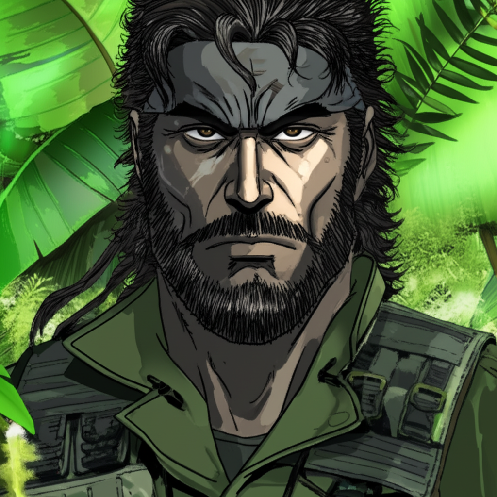 潛龍諜影 Big Boss 起源插圖,描繪裸蛇在叢林中獲得稱號的軍事場景