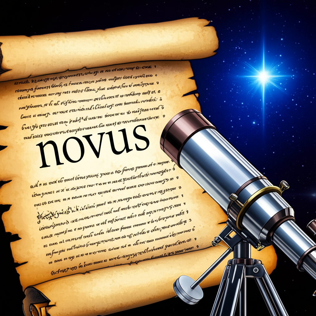 從古拉丁文卷軸上的novus字樣延伸至望遠鏡中明亮星體的插畫,呈現Nova詞源與天文定義的演進