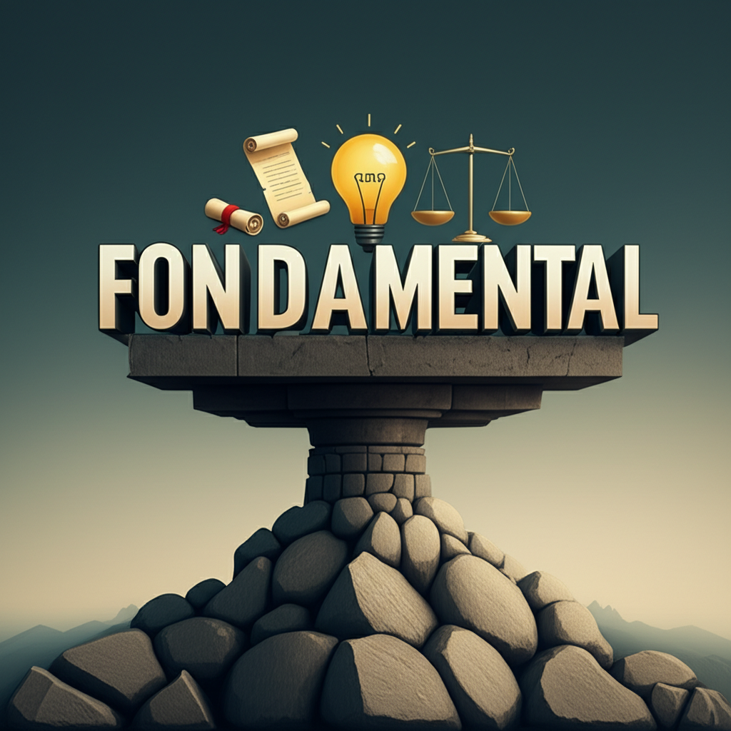 An illustration of fundamental as an adjective emphasizing an indispensable intrinsic or decisive quality for abstract concepts like principles or rights represented by a strong foundation supporting various important ideas