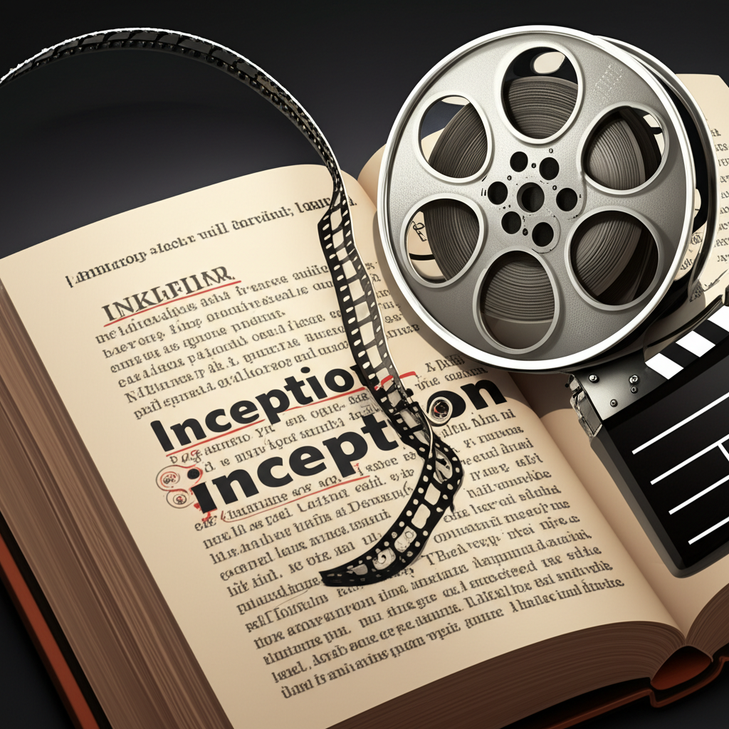 an illustration of a dictionary page with the word inception highlighted and a film reel intertwined with abstract thought bubbles representing philosophy and language learning in a vibrant and engaging style