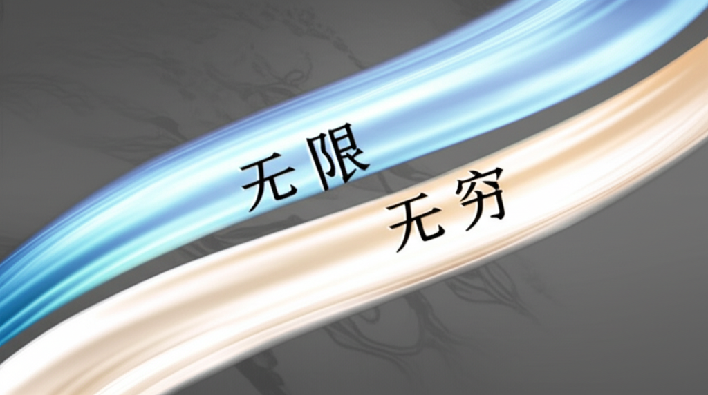 An illustration showing two flowing streams of light labeled 无限 and 无穷 merging into a harmonious form with Chinese cultural elements