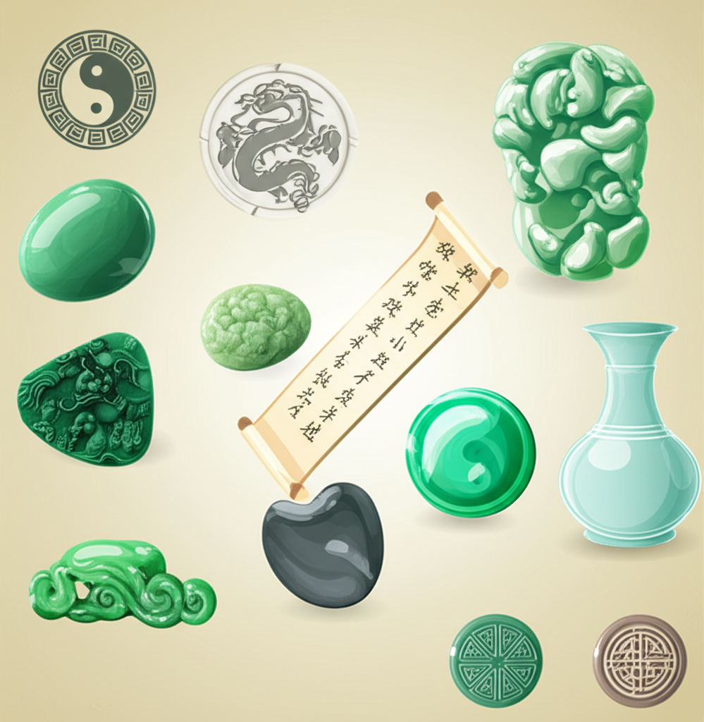 各種玉石形式如軟玉和硬玉,融入中國文化元素與古代符號,展現歷史與哲學的寧靜優雅構圖