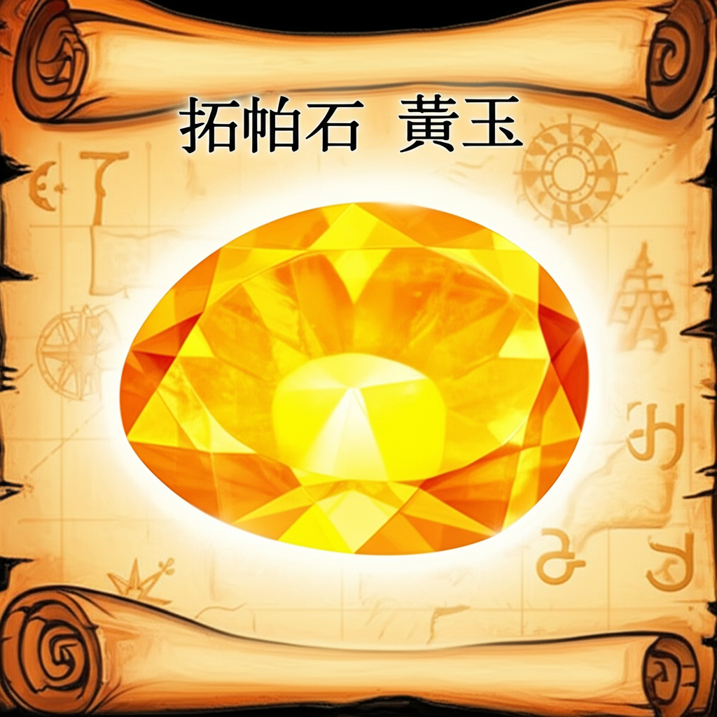 發光的拓帕石寶石插圖,標註中文名稱「拓帕石」與「黃玉」,背景融合古希臘與梵文符號,呈現語源淵源,整體風格如藏寶圖般奇幻