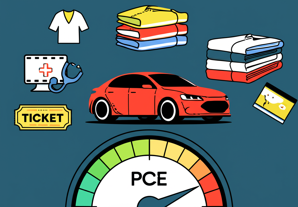 插圖顯示各類消費商品與服務流入BEA發布的PCE測量儀表,涵蓋汽車、服飾、醫療與娛樂等項目