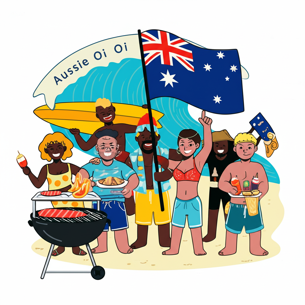 插圖呈現一群多元背景的澳洲人歡樂地衝浪、燒烤,手持旗幟寫著Aussie Oi Oi Oi,展現友好與自豪的國民性格