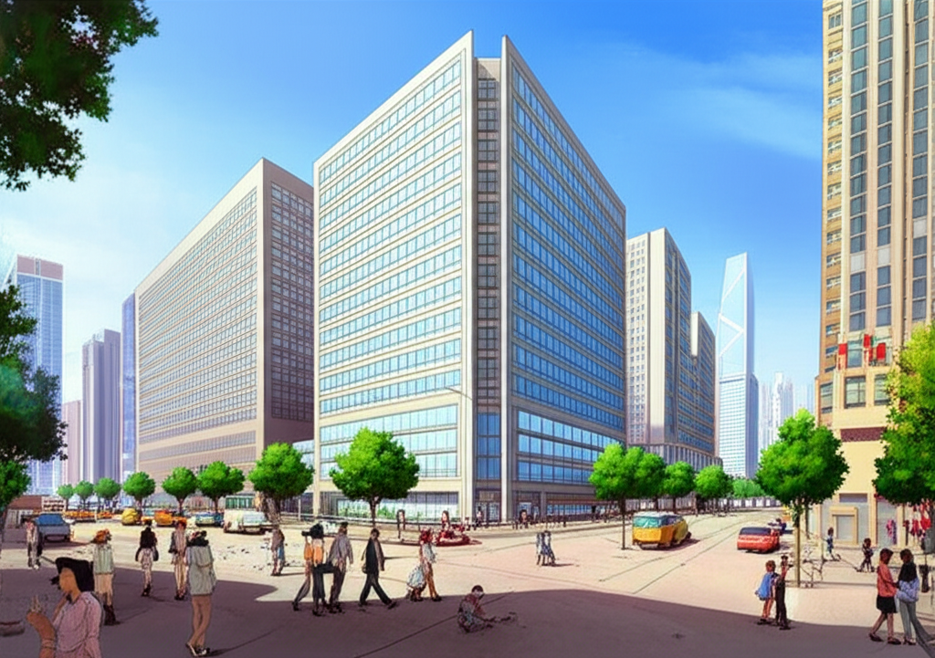 Mega Trade Centre MG Tower 插圖,現代高層商業大樓,鄰近地鐵站,展示通勤人群與繁忙街頭商店餐廳
