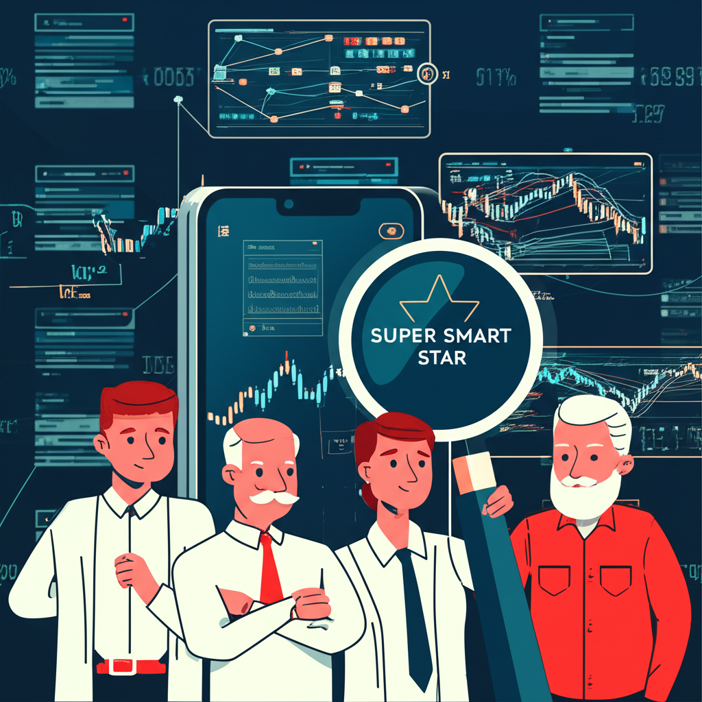 Illustration of simplified financial market with Super Smart Star app highlighting technical tools for diverse traders