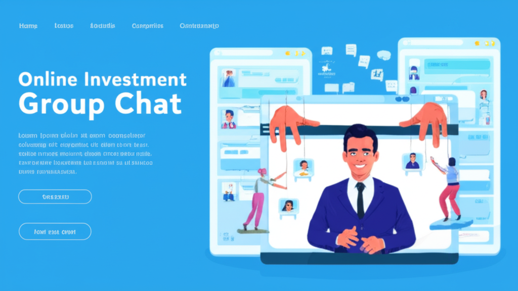 An illustration of a group of people in a fake online investment group chat with a charismatic but deceptive teacher figure on a screen manipulating puppets representing naive investors all within a digital interface