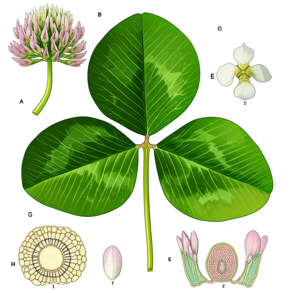 三葉草科學剖面圖,展示三片葉子和白色粉紅球狀花朵