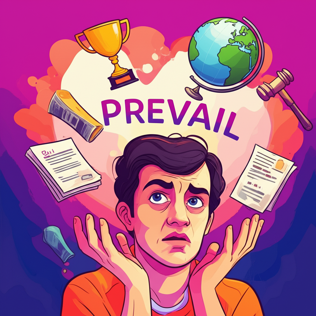 Illustration of a person confused by multiple meanings of Prevail with concepts like victory, global trends, and legal documents in vibrant colors