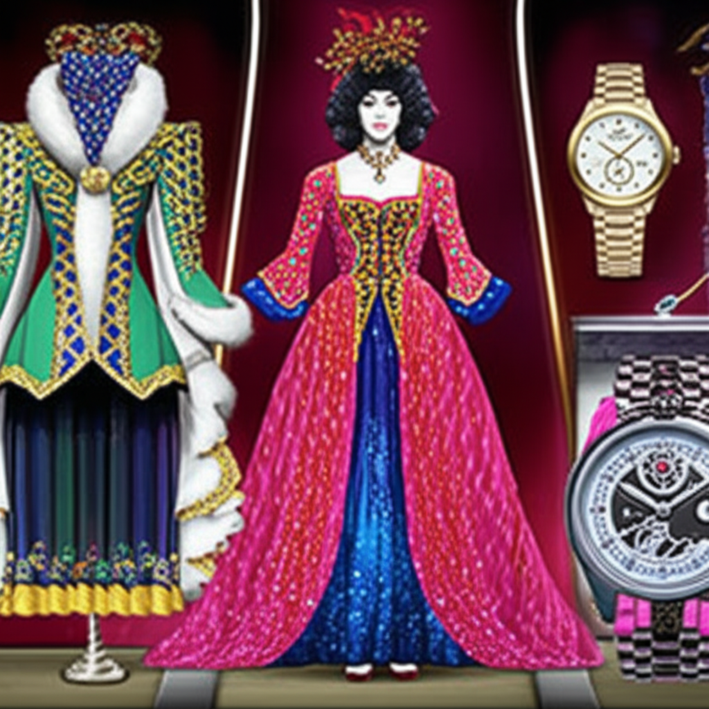 三種獨特物件展示:華麗服裝、光滑昂貴手錶和精細設計的小工具,每件都散發超出常規的奢華感,在優雅環境中