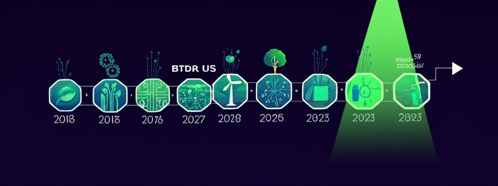 Bitdeer 成長時間線,從 2018 年至 2023 年納斯達克上市,融入技術創新與清潔能源元素