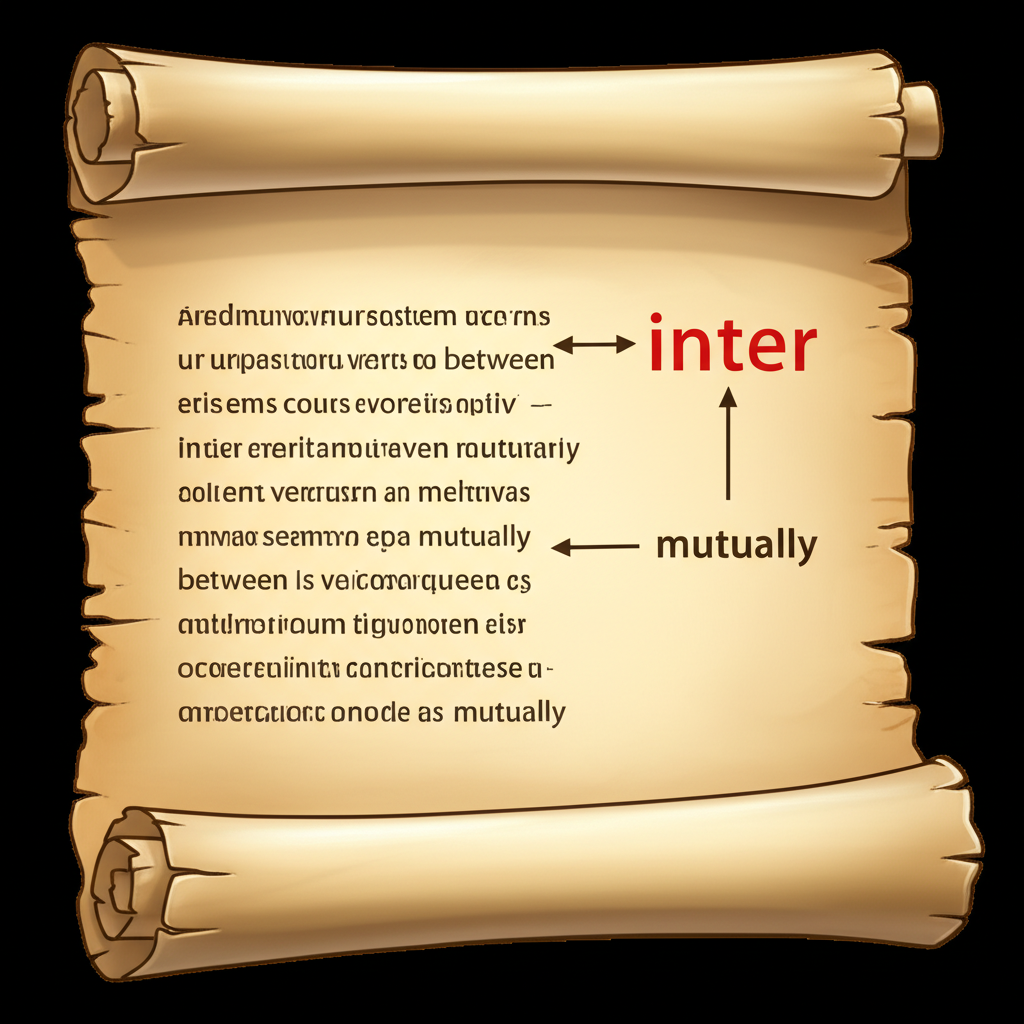 一卷古老拉丁文文本逐漸轉化為現代英語詞彙,突出 inter 字首,並以箭頭指向 between 和 mutually 等核心意義,在清晰的教育環境中