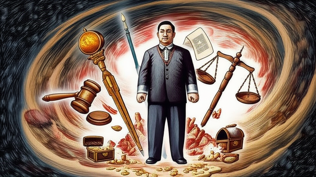 劉鐵球在鴻源風暴中的形象插畫,象徵財富、權力與道德的交織