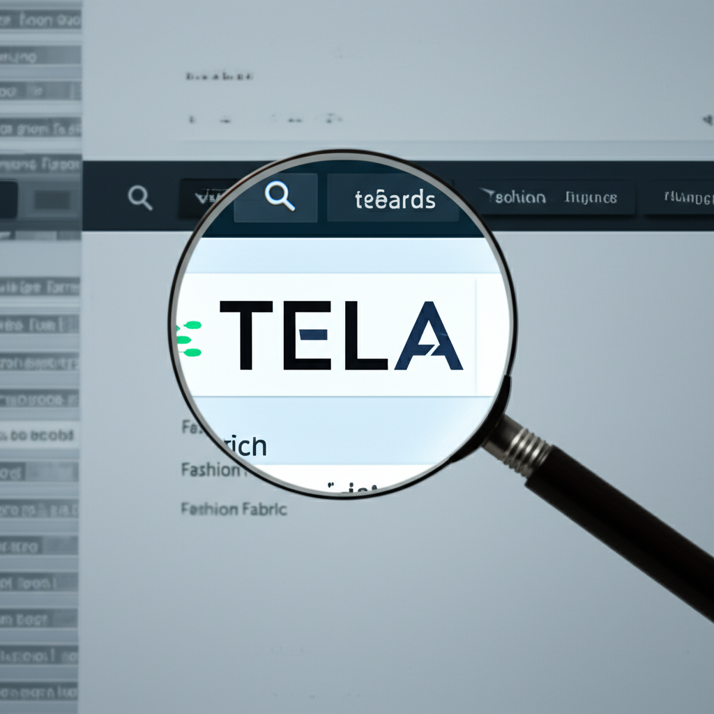 TELA 生物科技公司標誌與股票代碼,透過放大鏡釐清其在搜尋結果中的獨特身份,如時尚布料與金融領域