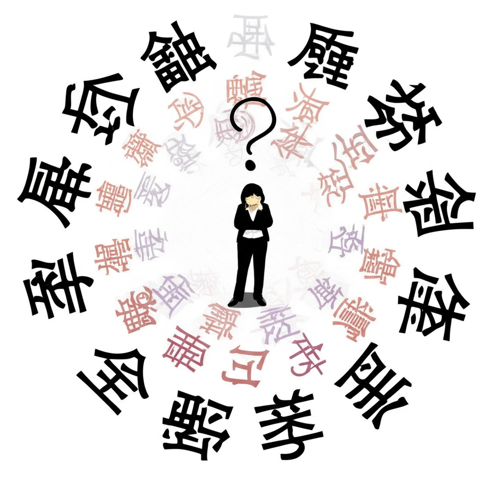 一位人物被各種中文詞彙如金融、融資、財務包圍,頭頂有問號,象徵對 Finance 不同意涵的困惑