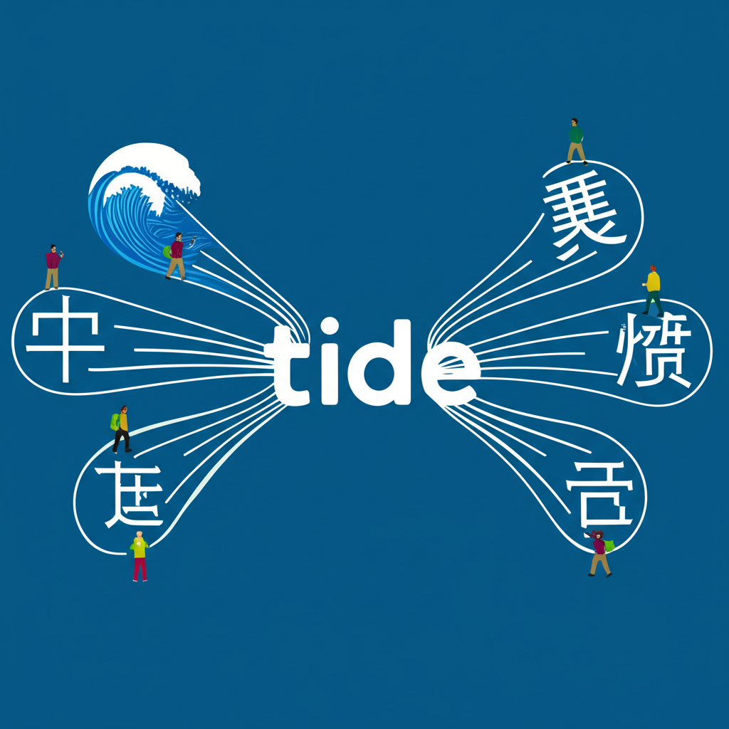 Illustration of a diverse linguistic landscape where the word tide transforms into various Chinese characters representing ocean waves, trends, and overcoming difficulties