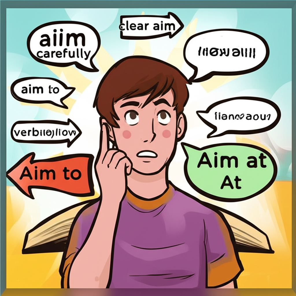 插圖展示一個人困惑地看著兩支箭,分別標示 aim to 和 aim at,周圍有代表動詞與名詞用法的對話氣泡,背景為一本綜合指南書,風格明亮具教育性