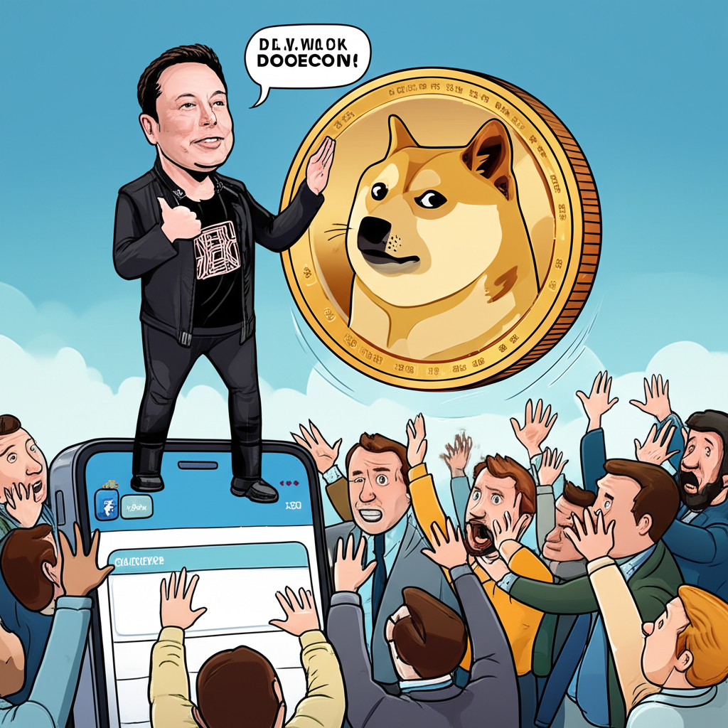Stylized Elon Musk tweeting about Dogecoin causing dramatic market rise and fall among investors