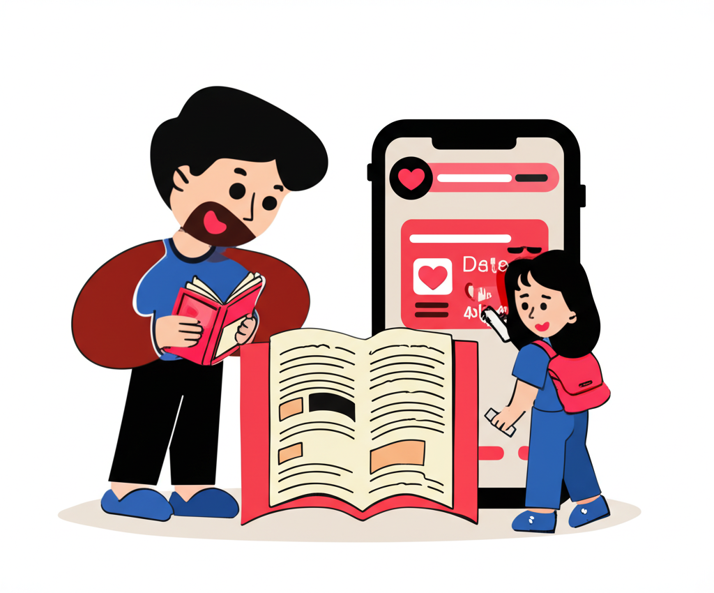 illustration style a person looking at a dictionary and another person looking at a dating app on a phone symbolizing the dual meaning of pairs中文 and digital age search intent