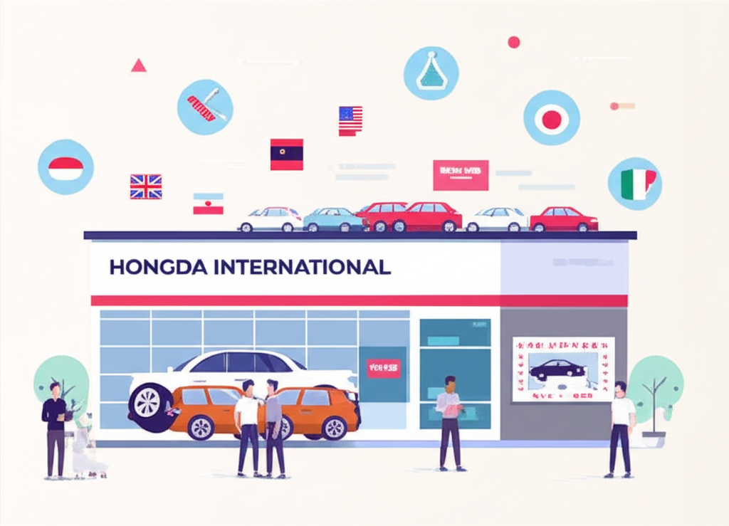 An illustration of a trustworthy car dealership named Hongda International offering diverse foreign and used car options with transparent professional and customized services in a dynamic auto market