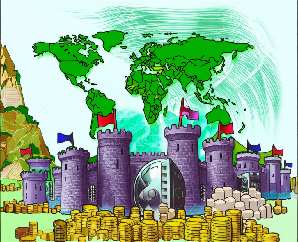 全球經濟景觀圖,國家如堅固堡壘持有外匯儲備金庫,象徵穩定與國際信用