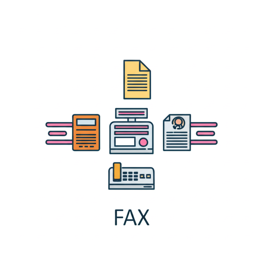illustration a multi-faceted icon representing fax with three distinct parts one showing a document being sent another a fax machine and a third symbolizing a service counter all in a cohesive illustration style