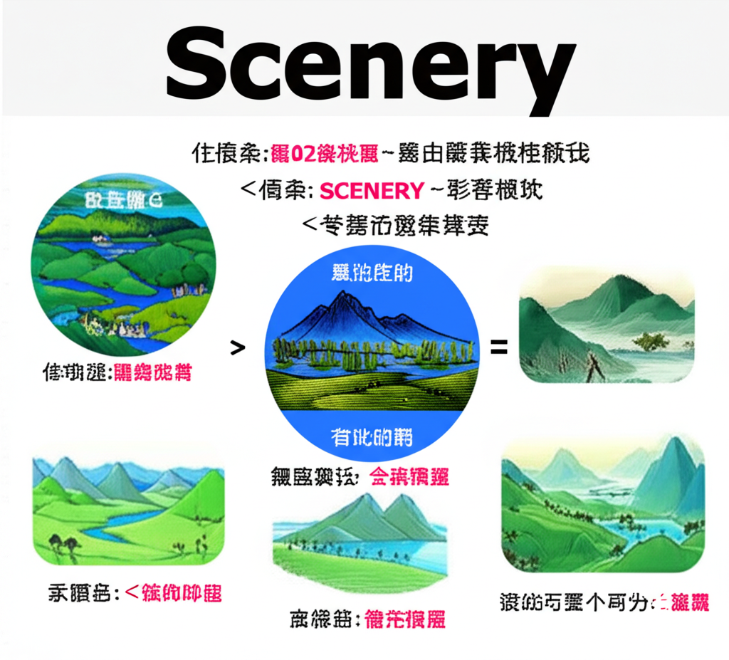 插畫展示英語單字scenery在中文翻譯與語法中的應用,探討常見混淆與差異