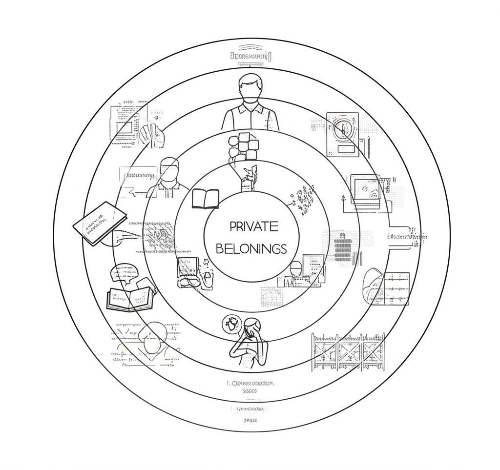 五個獨立區塊圖示,分別呈現‘private’的五種核心含義:個人、非公開、獨自、秘密、非政府,每個區塊有相應情境插圖