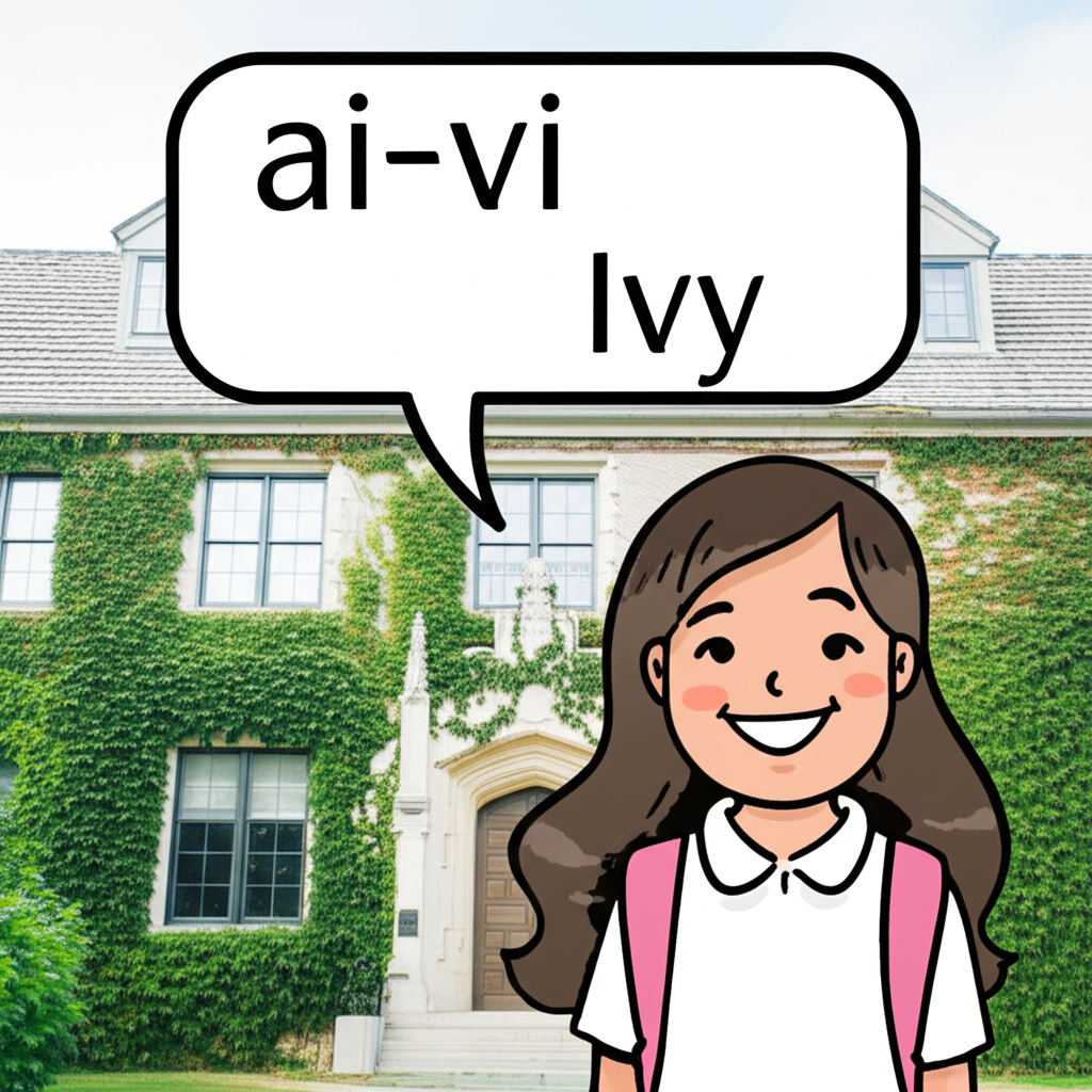 illustration of a stylized speech bubble showing the phonetic spelling ai-vi with a girl named Ivy smiling next to a university building covered in ivy