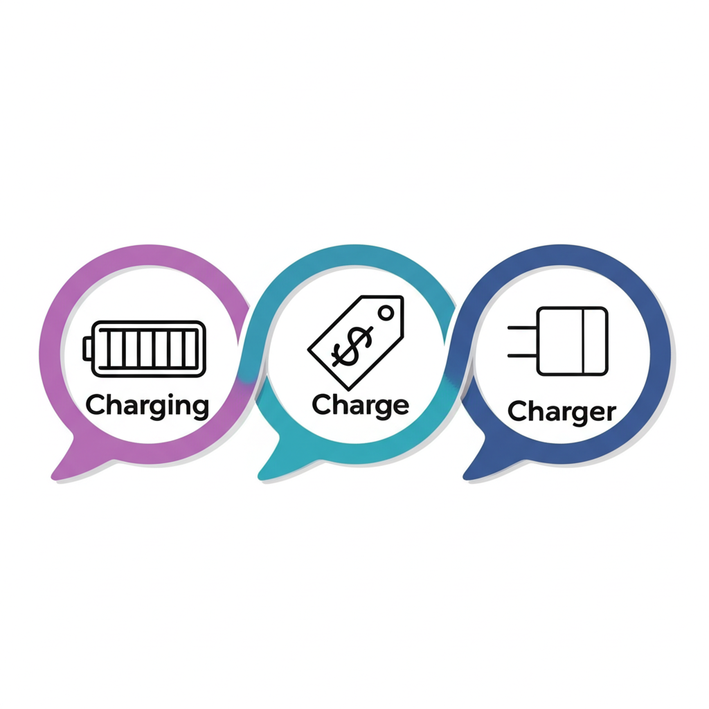 Charging、Charge與Charger區分插圖,顯示不同視覺代表如電池填充、價格標籤與實體充電器