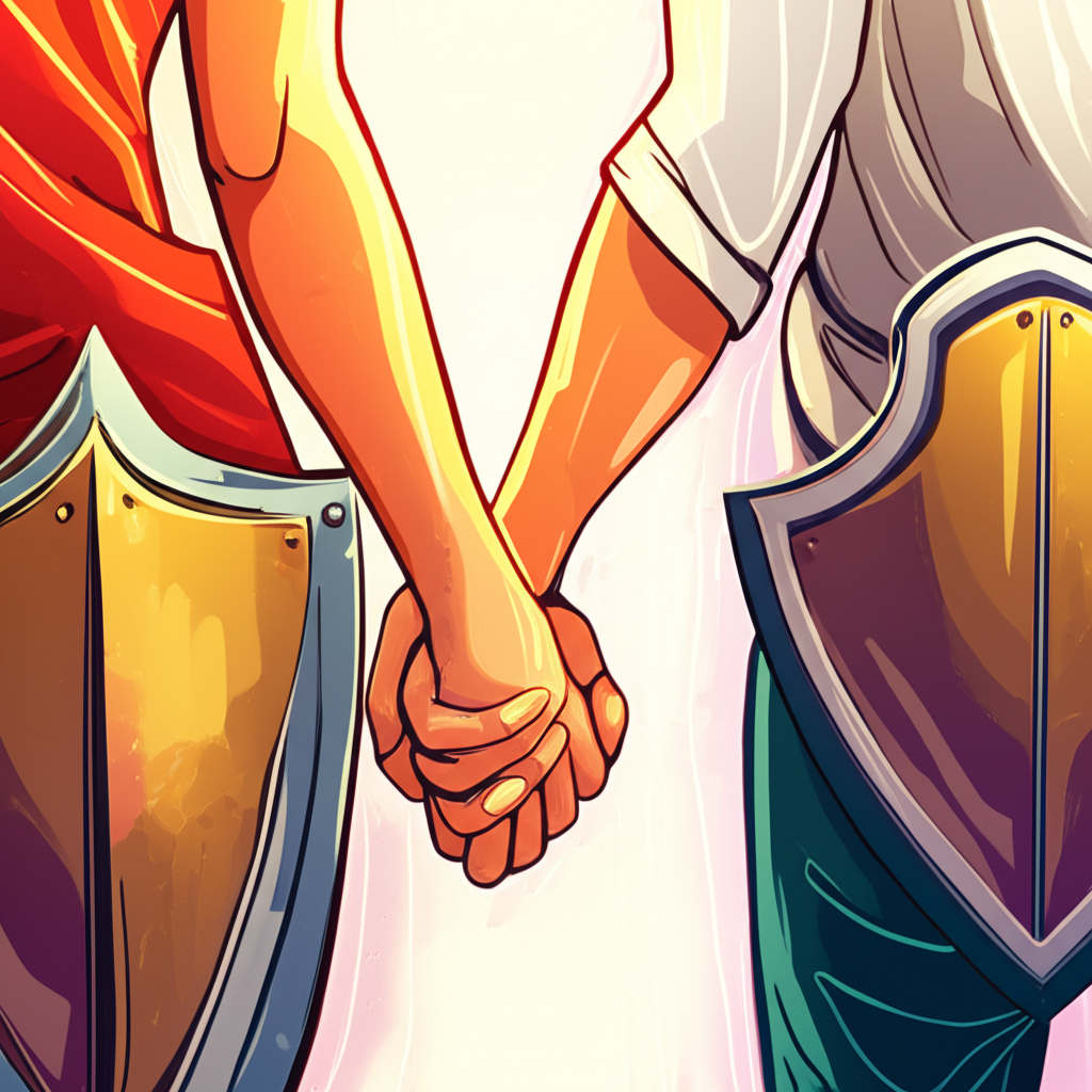 An illustration depicting loyalty and faithfulness a steadfast couple holding hands a person with a strong shield representing commitment and trust in a relationship