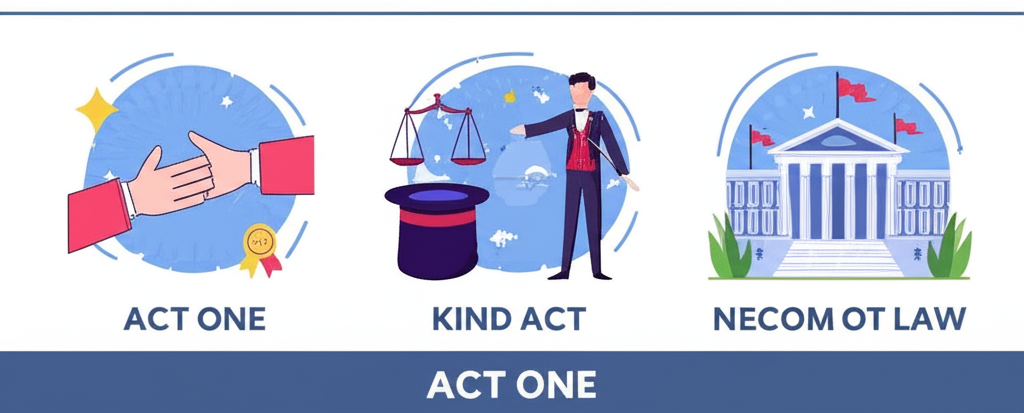 Illustration with three panels showcasing noun meanings of act: kind gesture, magician performing, and legal document