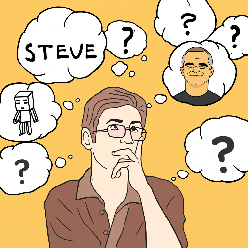 一位好奇的人思考英文名字Steve的中文翻譯、正確發音以及有趣文化故事,周圍環繞著思想泡泡,顯示方塊角色、科技創辦人以及問號